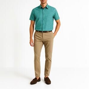 L.L. BEAN Plaid Short Sleeve Button Shirt | XL | Green Blue Check | 100% Cotton